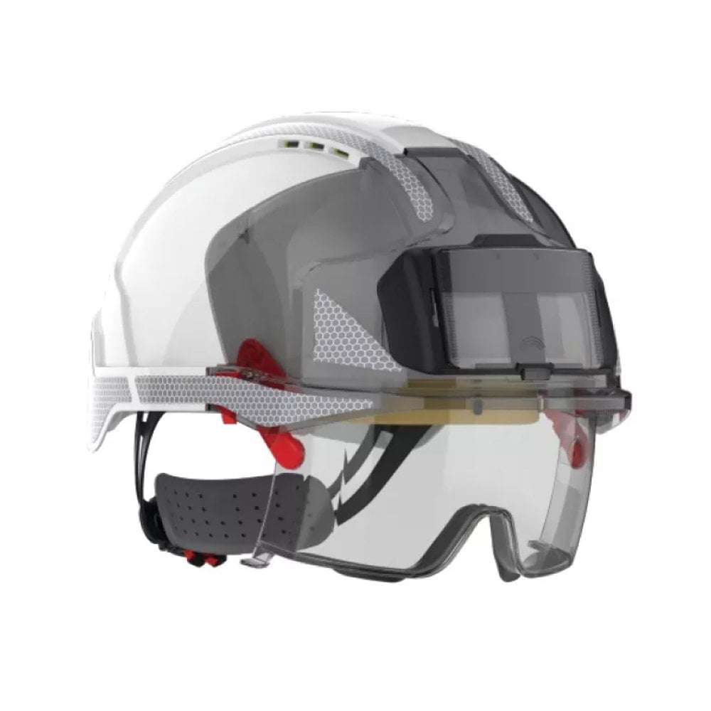 Casque de chantier ventilé avec sur-lunettes intégrées et bandes réflectives JSP SAFETY_vue_de_face