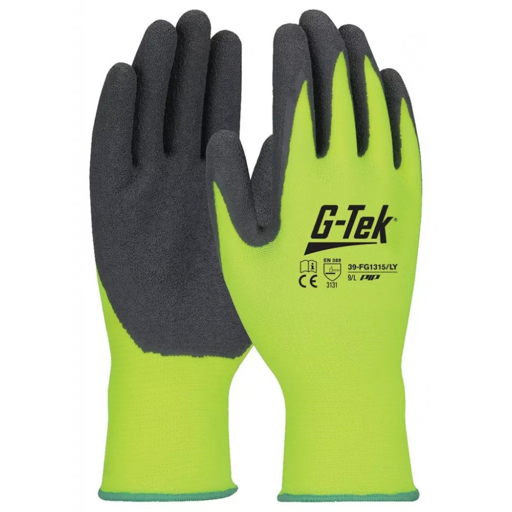 Gants de manutention tricotés sans couture haute visibilité en nylon avec enduction latex crêpé G-Tek PIP (lot de 12)_vue_face