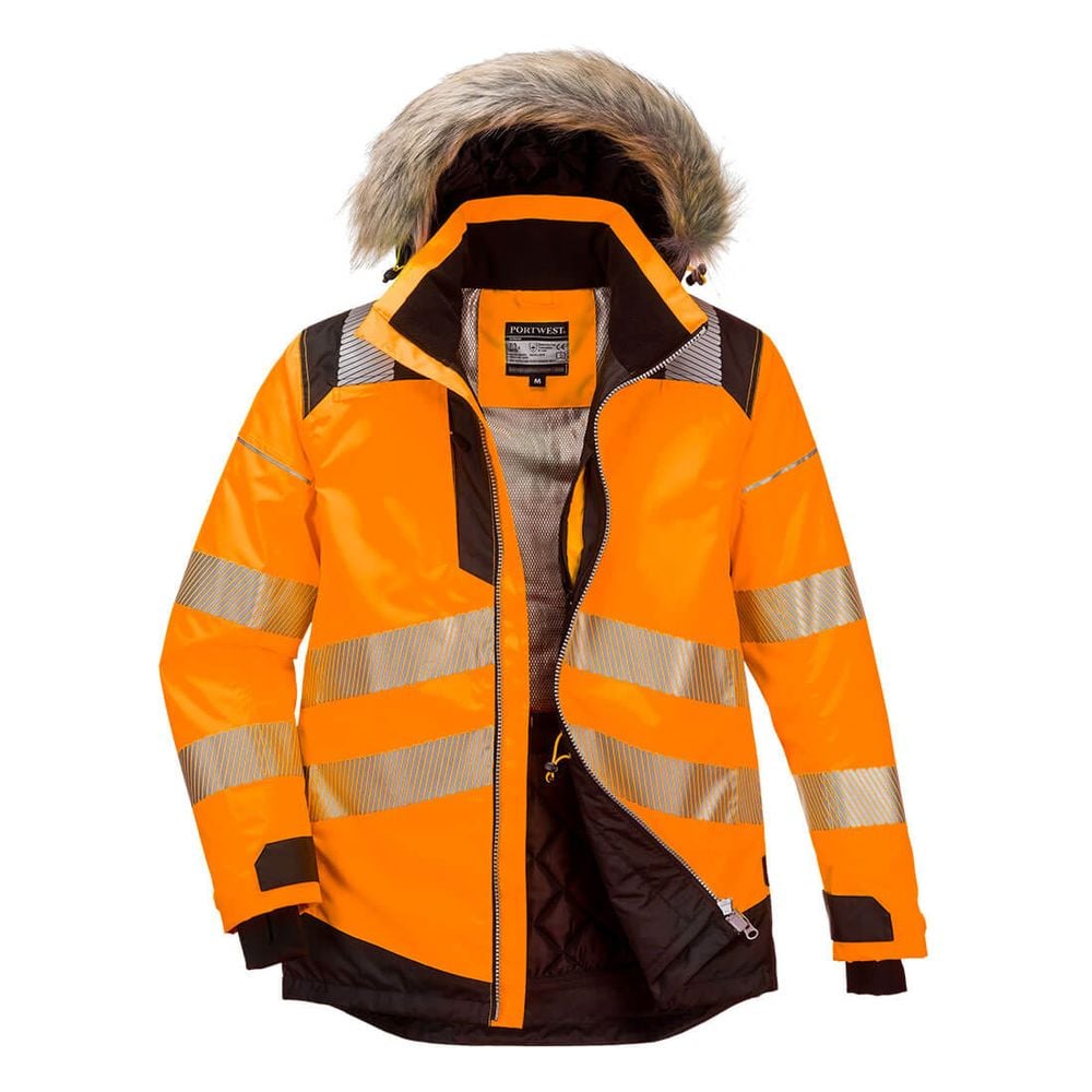 Parka de travail hiver haute-visibilité matelassée imperméable avec capuche amovible PW3 Portwest orange 