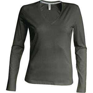 Tee-shirt de travail col V manches longues Kariban femme 100% coton Kaki foncé